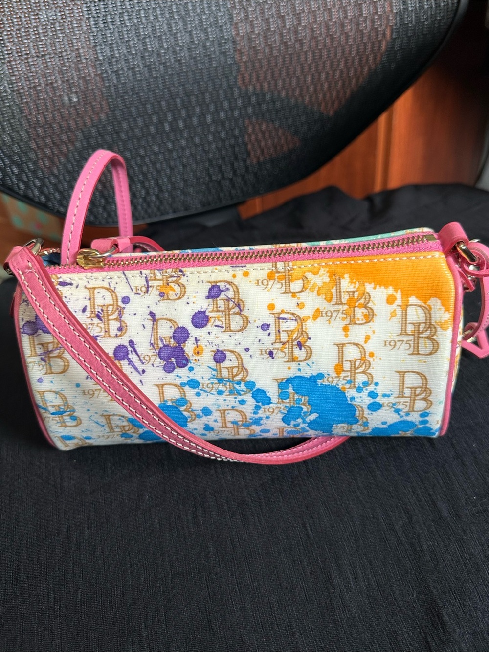 Dooney & Bourke Authent Multicolor Paint-Splatter Mini Barrel Bag with Pink Trim
